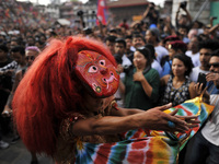 A mask dancer 'Lakhay', dancing in the traditional ritual tunes of drums on the last day of Indra Jatra Festival celebrated in Basantapur Du...