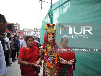 God 'Ganesh' walks towards chariot for the chariot pulling festival on the last day of Indra Jatra Festival celebrated in Basantapur Durbar...