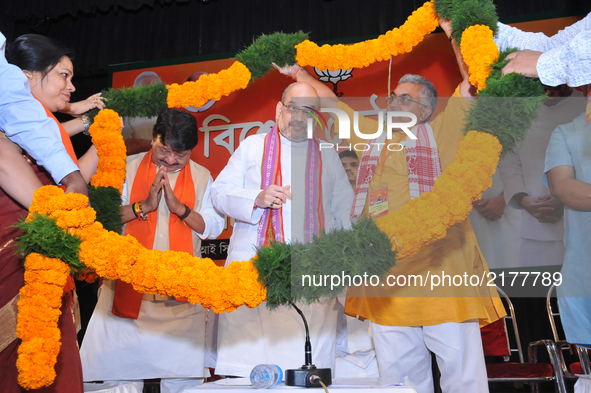 
BJP Chief Amit Shah ,BJP general secretary Kailash Vijayvargiya,  , ,State BJP president Dilip Ghosh during special convention in Kolkata...