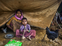 Rohingya Muslim refugees are at a temporary makeshift shelters after crossing over from Myanmar into the Bangladesh side of the border, near...
