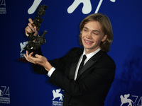 Venice, Italy. 09 September, 2017.  Charlie Plummer poses with the 'Marcello Mastroianni' Award for Best New Young Actor or Actress for 'Lea...