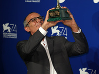 Venice, Italy. 09 September, 2017.    Kamel El Basha poses with the Coppa Volpi for Best Actor Award for The Insult (L'Insulte) at the Award...