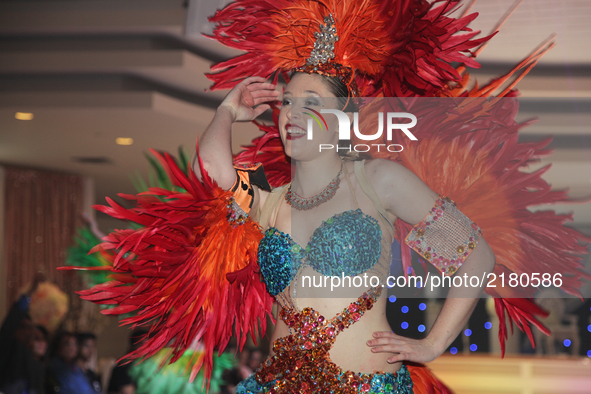 Dancers in colourful costumes perform during a celebration in Mississauga, Ontario, Canada.  