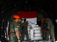 Sacks of government food aid are loaded onto an air force C-130 aircraft, bound for Bangladesh and its cargo destined for Rohingya refugees...