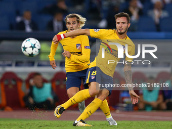 Saul Niguez of Atletico and Antoine Griezmann of Atletico during the UEFA Champions League Group C football match between AS Roma and Atleti...