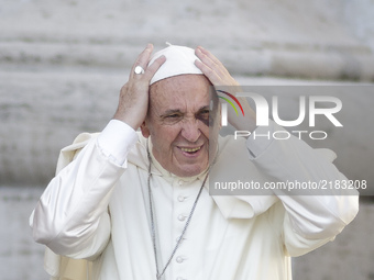 Pope Francis arrives to celebrate his Weekly General Audience in St. Peter's Square in Vatican City, Vatican on September 13, 2017. Pope Fra...