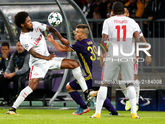 Damjan Bohar of NK Maribor challenges Luis Adriano of Spartak Moskva during the UEFA Champions League Group E match between NK Maribor and S...