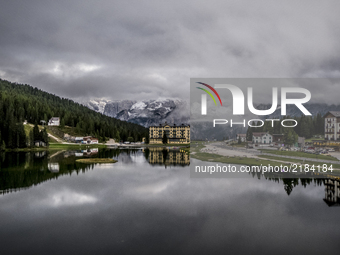 A drone view of Misurina Lake, in Misurina, Italy, on September 13, 2017. Lake Misurina is the largest natural lake of the Cadore and it is...