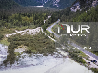 A drone view of The Dürrensee (Italian: Lago di Landro; German: Dürrensee) lake in the Dolomites in South Tyrol, Italy, on September 13, 201...
