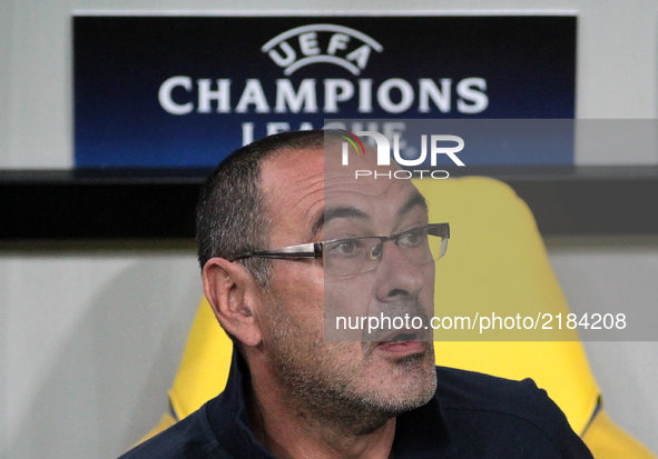 Napoli's head coach Maurizio Sarri before the start of the group stage match of the Champions League Group F between Shakhtar and Napoli at...