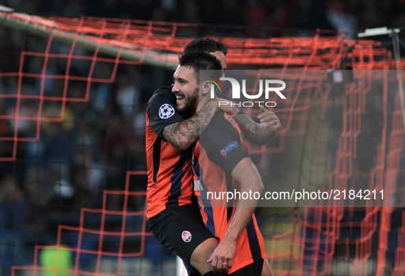 Shakhtar's player Marlos and Facundo Ferreyra ( in the center ) celebrate the score during  the Champions League group stage match in Group...