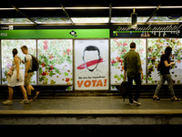 A billboard calling to vote for Catalonia Independence Referendum and also reading in catalan 'They will not stop us' is seen in a metro sta...