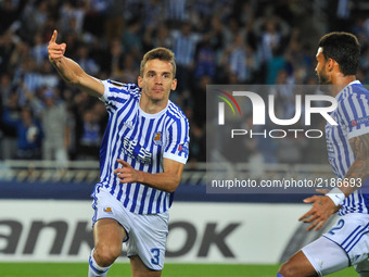 Llorente R of Real Sociedad celebrates with teammates after scoring during the UEFA Europa League Group L football match between Real Socied...