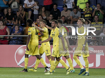 07 Denis Cheryshev of Villarreal CF (2L) celebrate after scoring the 3-1 goal with his teammate   during the UEFA Europa League Group A foot...