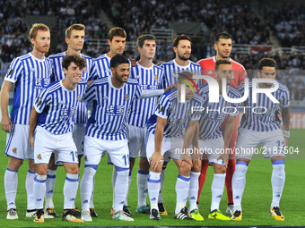 Real Sociedad´s teammate pose for the media before the  UEFA Europa League Group L football match between Real Sociedad and Rosenborg BK at...