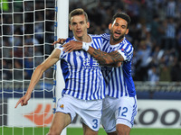 Llorente of Real Sociedad celebrates his goal after scoring against Willian Jose during the UEFA Europa League Group L football match betwee...