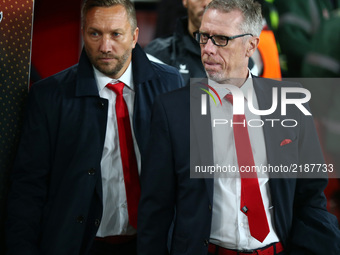 Peter Stoger manager of 1.FC Koln 
during UEFA Europa League Group H match between Arsenal and 1.FC Koln at The Emirates , London 14 Sept 20...