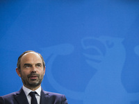 French Prime Minister Edouard Philippe is pictured during a news conference held with German Chancellor Angela Merkel (not in the picture) a...