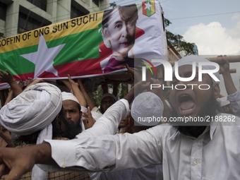 The several Islamist political organization in Bangladesh bring out protest rally and burn Myanmar flag and Aung San Suu Kyi  poster in Dhak...