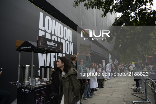 An animalist protest takes place outside the BFC Showspace in Central London, on September 15, 2017. The demonstrators protested against the...