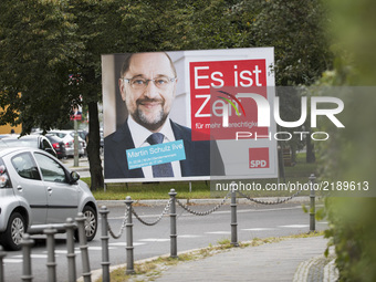 An election poster of the main candidate of the Social Democratic Party (SPD) Martin Schulz is pictured in the district of Lichtenberg in Be...