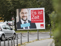 An election poster of the main candidate of the Social Democratic Party (SPD) Martin Schulz is pictured in the district of Lichtenberg in Be...