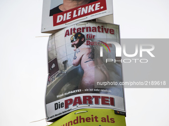 An election poster of the fun Die Partei party reading 'alternative for a shower' is pictured in the district of Marzahn in Berlin, Germany...