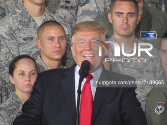 United States President Donald J. Trump who will delivers remarks to military personnel and families in a hanger at Joint Base Andrews in Ma...