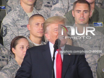 United States President Donald J. Trump who will delivers remarks to military personnel and families in a hanger at Joint Base Andrews in Ma...