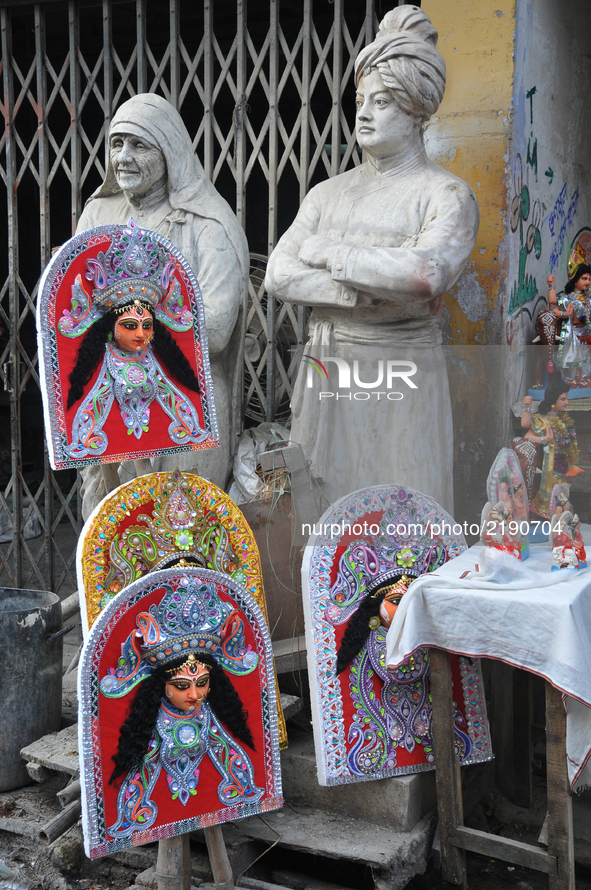 Hindu God Devi Durga  cart out display at the artisan's village of Kumartoli in Kolkata on September 16, 2017. Durga Puja, the annual Hindu...