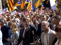 President of Cataonia Carles Puigdemotn (C) during a demonstration on September 16, 2017 in Barcelona, Spain. 712 Catalan mayors who have ba...