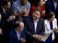 Catalan regional vice-President and chief of Economy and Finance, Oriol Junqueras (C) during demonstration with the support of thousands of...
