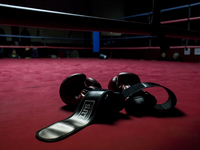 Osorno, Chile. 16 September 2017. Boxing Gloves. Chilean and Argentine boxers clashed on another open boxing night at Club Mexico in Osorno,...