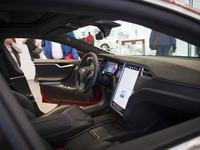 Tesla Model S electric automobile inside a Tesla Inc. store in Vienna, Austria, on September 16, 2017. (