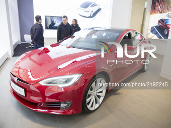 Tesla Model S electric automobile inside a Tesla Inc. store in Vienna, Austria, on September 16, 2017. (