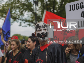 Juggalos, fans of the music group Insane Clown Posse, gather while demonstrating on the National Mall in Washington, D.C., U.S., on Saturday...