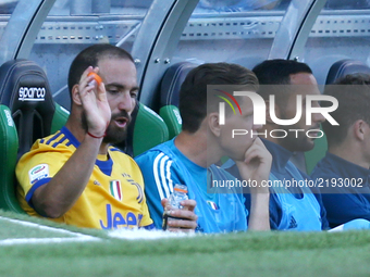 
Gonzalo Higuain of Juventus nervous on the bench after the substitution  during the Serie A match between US Sassuolo and Juventus at Mapei...