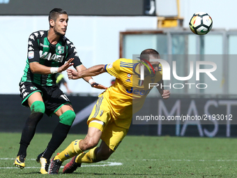 
Diego Falcinelli of Sassuolo and Giorgio Chiellini of Juventus  during the Serie A match between US Sassuolo and Juventus at Mapei Stadium...