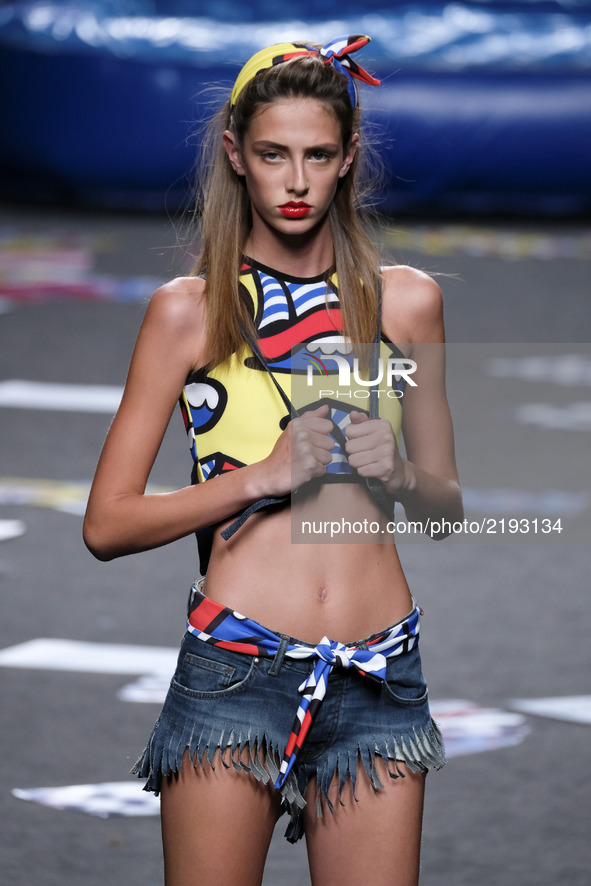  A model walks the runway at the Maya Hansen show during the Mercedes-Benz Fashion Week Madrid Spring/Summer 2018 at Ifema on September 17,...