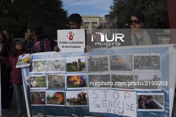 Rohingya Muslims protest in front of the United Nations headquarter in Geneva, Switzerland. Protesters shout slogans against the persecution...