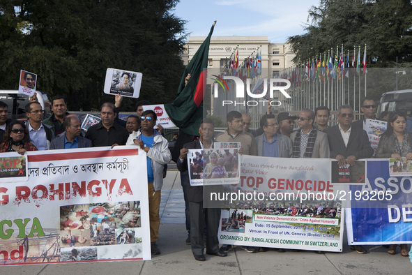 Rohingya Muslims protest in front of the United Nations headquarter in Geneva, Switzerland. Protesters shout slogans against the persecution...