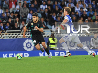 Asensio of Real Madrid duels for the ball with 17<of Real Sociedad during the Spanish league football match between Real Sociedad and Real M...