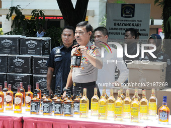 Metro Jaya Police Chief Inspector General of Police Idham Azis  showed evidence of alcohol smuggling case, Jakarta, Indonesia on September 1...