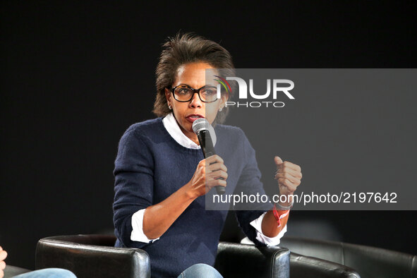 French journalist Audrey Pulvar takes part in a debate during the Festival of Humanity (Fete de l'Humanite), a political event and music fes...