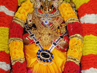 Adorned idol of the Goddess Lakshmi (Laxmi) during the Tamil Hindu New Year at a Hindu temple in Ontario, Canada.  (