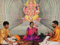 Tamil Hindu musicians perform devotional songs during the Tamil Hindu New Year at a Hindu temple in Ontario, Canada, on April 13, 2017.  (
