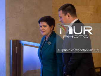 Prime Minister of Estonia Juri Ratas (R) and Prime Minister of Poland Beata Szydlo (L) during their meeting at Chancellery of the Prime Mini...