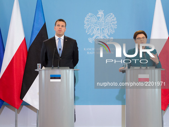 Prime Minister of Estonia Juri Ratas (L) and Prime Minister of Poland Beata Szydlo (R) during the press conference after their meeting at Ch...