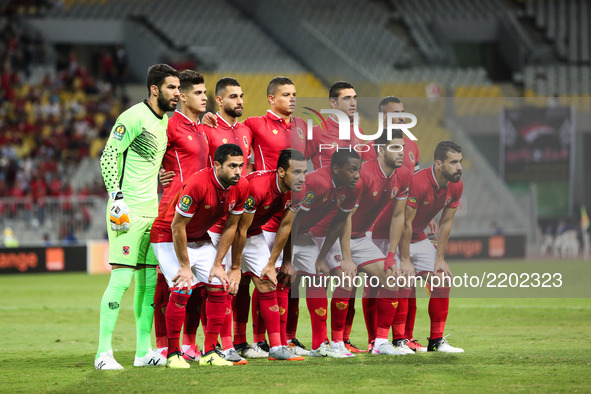 Ahly team before start the CAF Champions League quarterfinal first-leg football match between Egypt's Al-Ahly and Tunisia's Esperance of Tun...