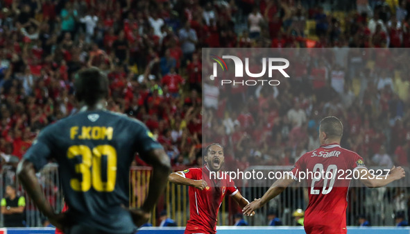 Alsaid of Al-Ahly scores a penalty during the CAF Champions League quarterfinal first-leg football match between Egypt's Al-Ahly and Tunisia...